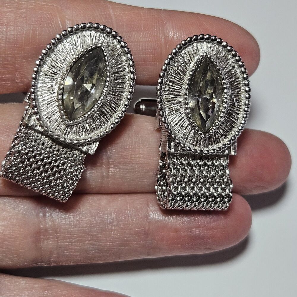 Vintage Swank Clear Marquise Shape Rhine Wrap Around Mesh Silver Tone Cuff Links - Picture 2 of 12